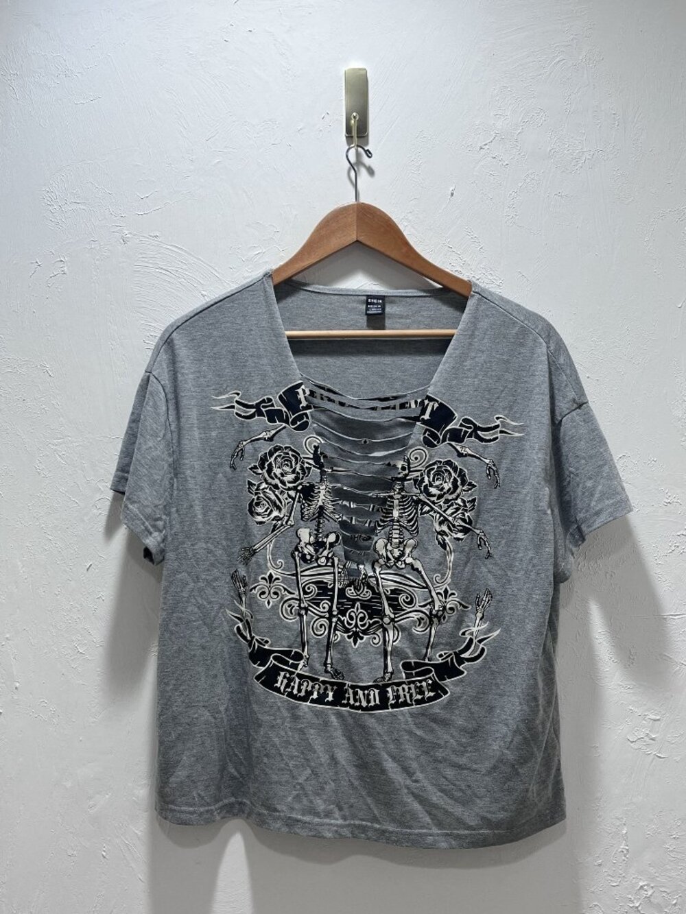 Shein Women's Whimsygoth Skeleton Rose Graphic Gray Cutout T-Shirt Size L